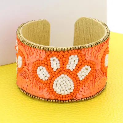 Fashnzfab Game Day Sequin Seed Beaded Paw Accented Cuff Bracelet Orange, White In Multi