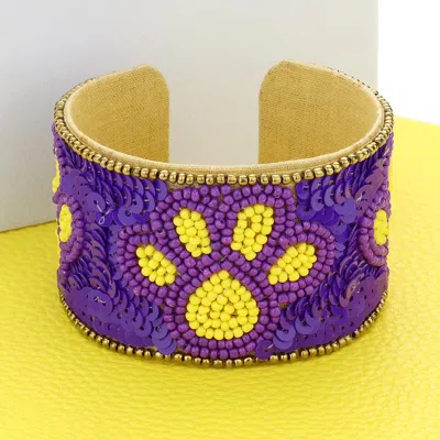 Fashnzfab Game Day Sequin Seed Beaded Paw Accented Cuff Bracelet Purple, Yellow In Multi