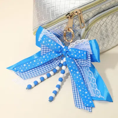 Fashnzfab Game Day Theme Triple Layered Bow Bag Charm / Keychain In Blue
