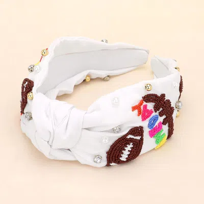 Fashnzfab Gameday Football Seed Beaded Pearl Metal Ball Stone Cluster Embellished Knot Headband In White