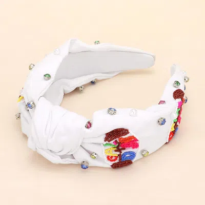 Fashnzfab Gameday Football Seed Beaded Pearl Stone Cluster Embellished Knot Headband In White