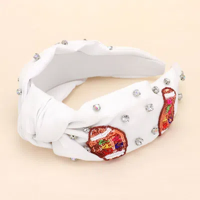 Fashnzfab Gameday Football Sequin Seed Beaded Stone Cluster Embellished Knot Headband In White