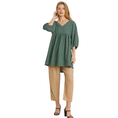 Fashnzfab Gauze Slub V-neck Frayed Edge Detail Tunic Dress In Green