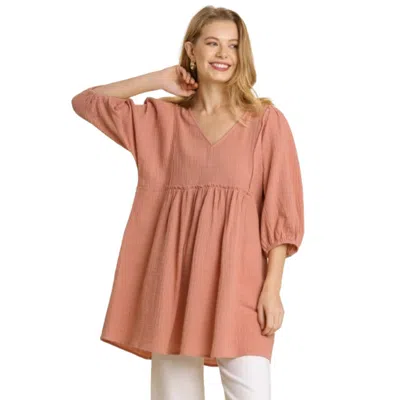 Fashnzfab Gauze Slub V-neck Frayed Edge Detail Tunic Dress In Pink