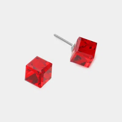 Fashnzfab Genuine Crystal Cube Stud Earrings - Siam In Red