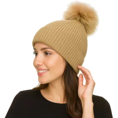 Fashnzfab Genuine Fox Fur Pom Pom Ribbed Knit Winter Beanie Hat In Gray