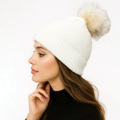 Fashnzfab Genuine Fox Fur Pom Pom Ribbed Knit Winter Beanie Hat In White