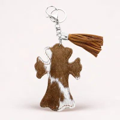 Fashnzfab Genuine Fur Calf Cross Tassel Keychain / Bag Charm In Brown