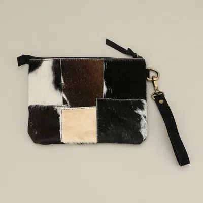 Fashnzfab Genuine Leather Cowhide Calf Fur Patchwork Wristlet Pouch Clutch Bag In Black