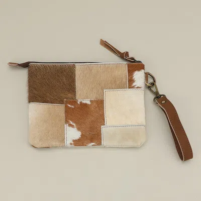 Fashnzfab Genuine Leather Cowhide Calf Fur Patchwork Wristlet Pouch Clutch Bag In Brown