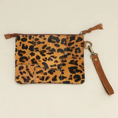 Fashnzfab Genuine Leather Leopard Pattern Calf Fur Patchwork Wristlet Pouch Clutch Bag In Brown