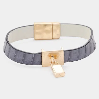 Fashnzfab Genuine Leather Metal Lock Charm Magnetic Bracelet Gray