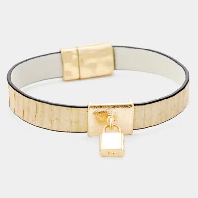 Fashnzfab Genuine Leather Metal Lock Charm Magnetic Bracelet Ivory In Multi