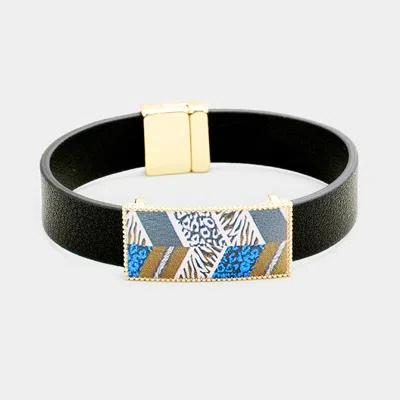 Fashnzfab Geo Patterned Genuine Leather Magnetic Bracelet Gray, Gold, Blue In Multi