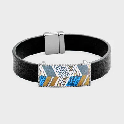 Fashnzfab Geo Patterned Genuine Leather Magnetic Bracelet Hematite, Gray, Blue, Black In Multi