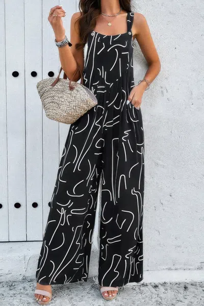 Fashnzfab Geo Print Smocked Sleeveless Pockets Jumpsuit