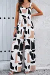 Fashnzfab Geo Print Smocked Sleeveless Pockets Jumpsuit