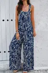 Fashnzfab Geo Print Smocked Sleeveless Pockets Jumpsuit