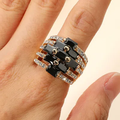 Fashnzfab Geometric Baguette Stone Chunky Stretch Ring In Black