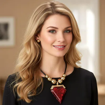 Fashnzfab Geometric Bold Pendant Statement Necklace In Red