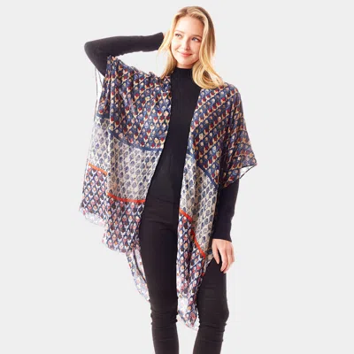 Fashnzfab Geometric Border Printed Gold Foil Accented Ruana Poncho In Multi