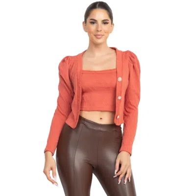 Fashnzfab Geometric Cami Puff Sleeves Blazer Top Set In Brown