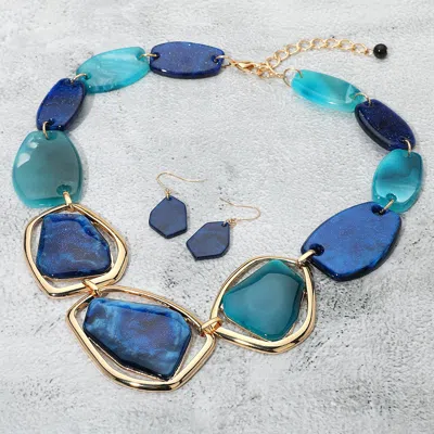 Fashnzfab Geometric Chunky Sparkled Celluloid Acetate Plate Link Statement Necklace In Blue