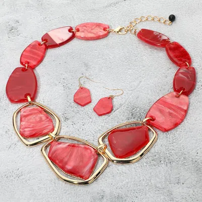Fashnzfab Geometric Chunky Sparkled Celluloid Acetate Plate Link Statement Necklace In Red