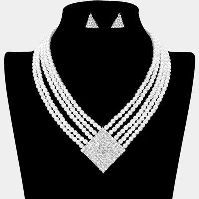 Fashnzfab Geometric Crystal Rhinestone Detail Multi-strand Pearl Necklace In Silver