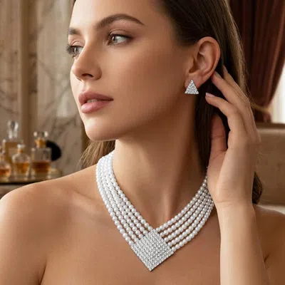 Fashnzfab Geometric Crystal Rhinestone Detail Multi-strand Pearl Necklace In Green