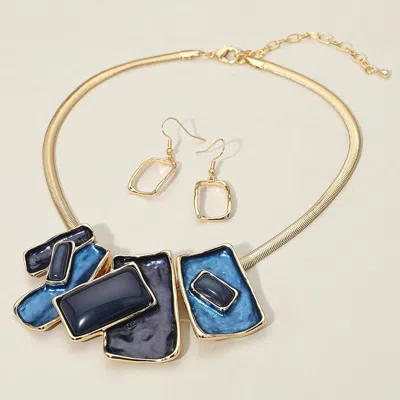 Fashnzfab Geometric Enamel Rectangular Plate Beaded Necklace In Blue