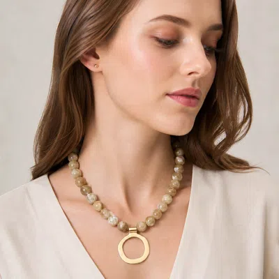 Fashnzfab Geometric Hammered Metal Ring Pendant Chunky Beaded Necklace In Gold