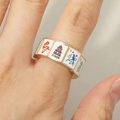 Fashnzfab Geometric Mahjong-inspired Tile Beaded Stretch Ring In Silver