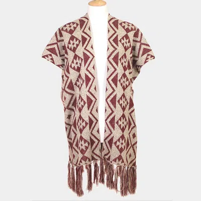 Fashnzfab Geometric Pattern Fringe Edge Angora Poncho In Burgundy