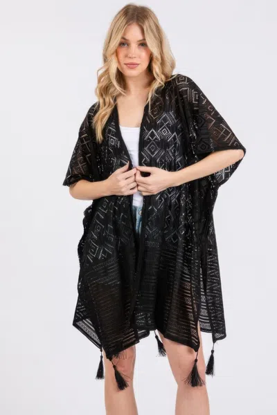 Fashnzfab Geometric Pattern Tassel Cover Up Poncho In Black