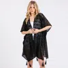 Fashnzfab Geometric Pattern Tassel Cover Up Poncho In Black