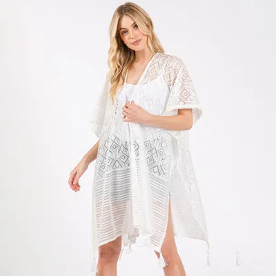 Fashnzfab Geometric Pattern Tassel Cover Up Poncho In White