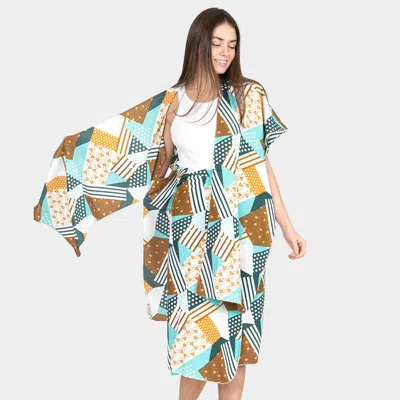 Fashnzfab Geometric Patterned Cover Up Kimono Poncho In Blue