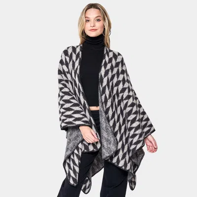 Fashnzfab Geometric Patterned Knit Kimono Poncho In Black