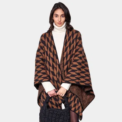 Fashnzfab Geometric Patterned Knit Kimono Poncho In Brown