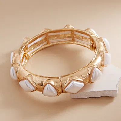 Fashnzfab Geometric Pearl Stone Accent Stretch Bracelet Cream, Matte Gold In Multi