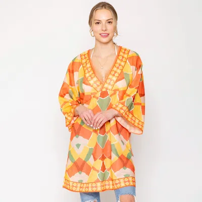 Fashnzfab Geometric Print Cover Up Poncho In Orange