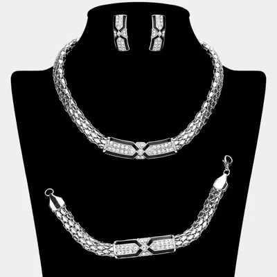 Fashnzfab Geometric Rhinestone Paved Plate Pointed Chunky Necklace Jewelry Set In Silver