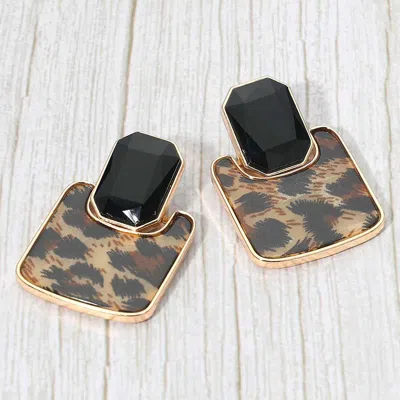 Fashnzfab Geometric Stone Accent Printed Resin Plate Drop Earrings In Black