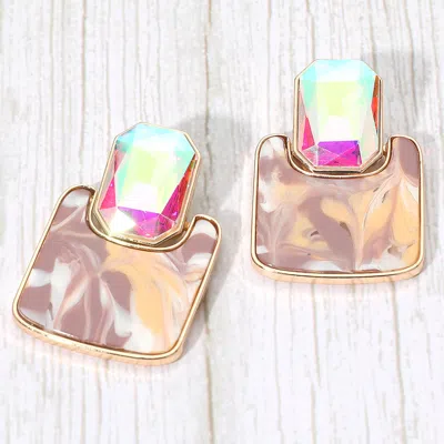 Fashnzfab Geometric Stone Accent Printed Resin Plate Drop Earrings In Silver