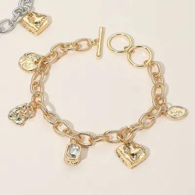 Fashnzfab Geometric Textured Charm Station Chunky Chain Toggle Bracelet Gold