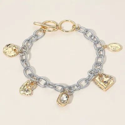 Fashnzfab Geometric Textured Charm Station Chunky Chain Toggle Bracelet Gold, Rhodium In Multi