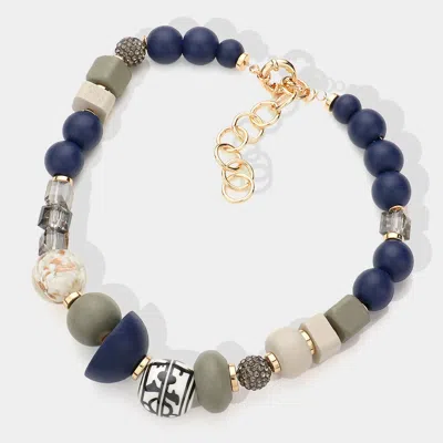 Fashnzfab Geometric Wood Ball Beaded Statement Necklace In Blue