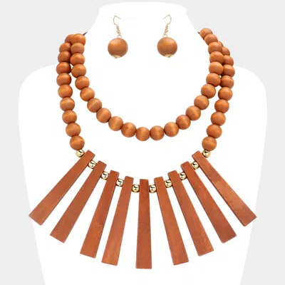 Fashnzfab Geometric Wood Bar Beaded Double Layered Necklace In Brown