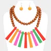 Fashnzfab Geometric Wood Bar Beaded Double Layered Necklace In Orange